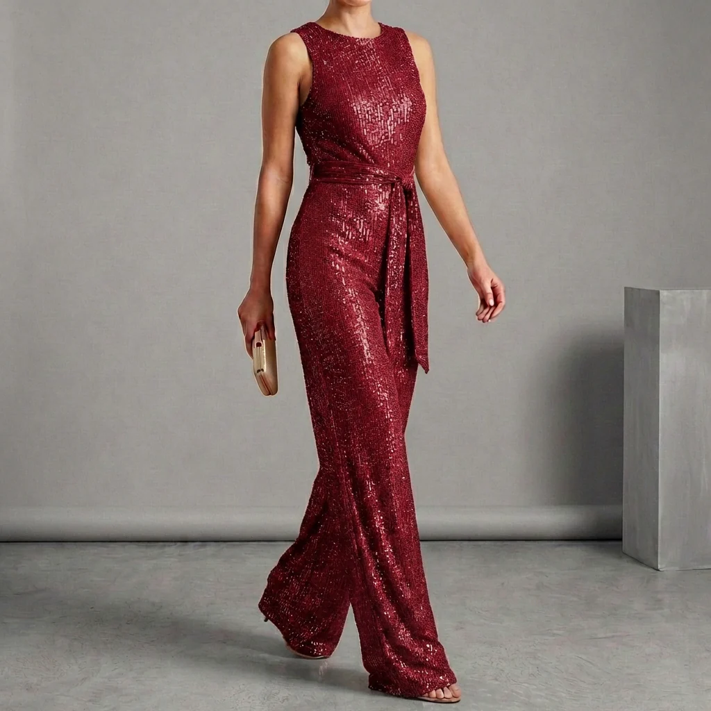 Isabella Wide Leg Glitter Embellished Jumpsuit | Belted Sleeveless Jumpsuit - Image 5