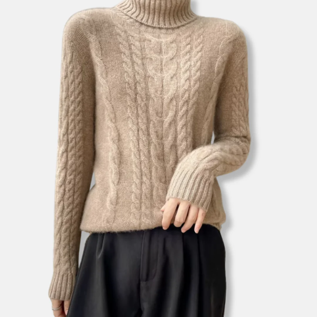 Isla Cable Knit Turtleneck Sweater | Ribbed Collar Long Sleeve Sweater - Image 2