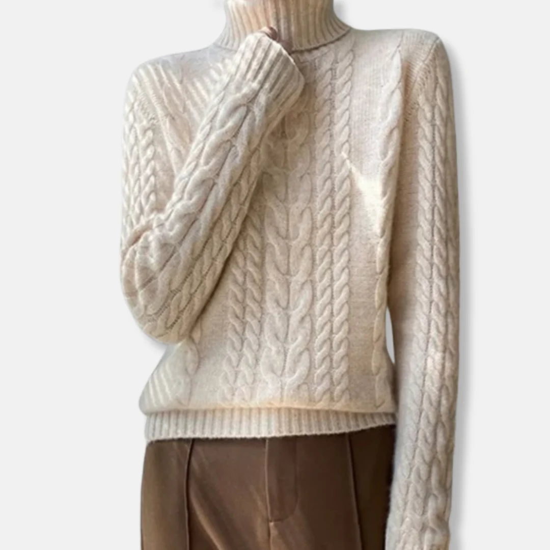Isla Cable Knit Turtleneck Sweater | Ribbed Collar Long Sleeve Sweater - Image 3