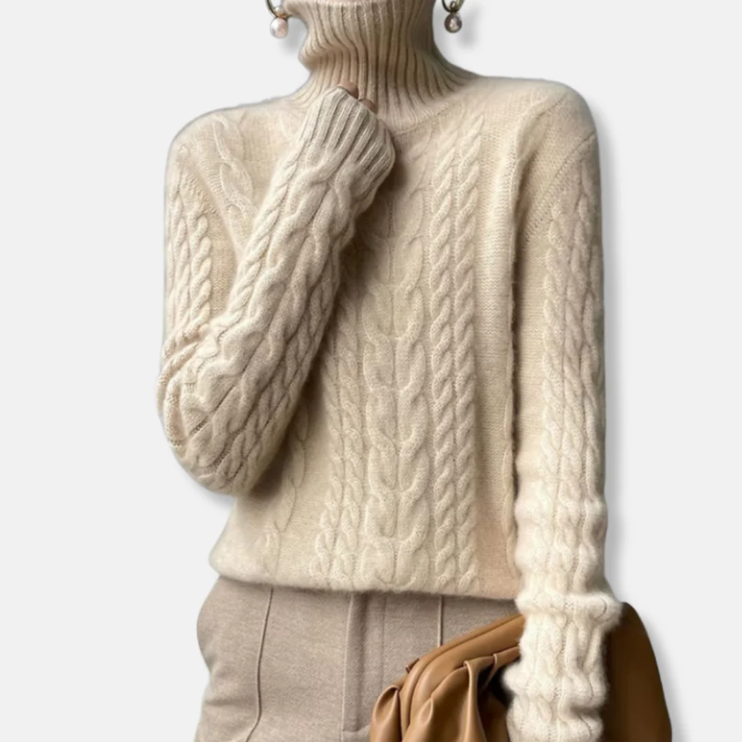 Isla Cable Knit Turtleneck Sweater | Ribbed Collar Long Sleeve Sweater - Image 4