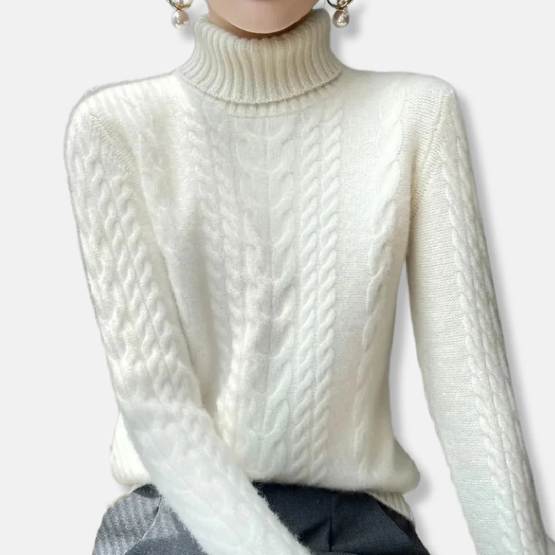 Isla Cable Knit Turtleneck Sweater | Ribbed Collar Long Sleeve Sweater - Image 6