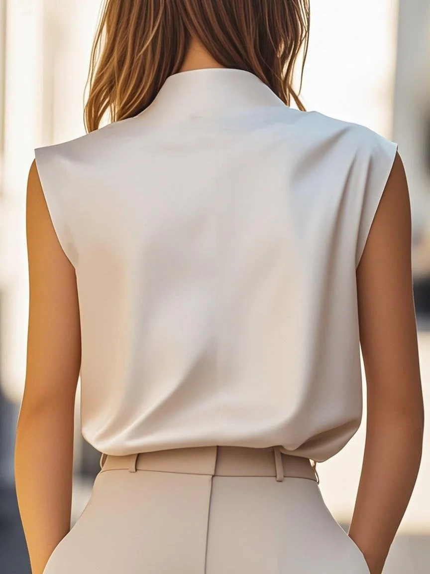 Isla Draped Stand Collar Blouse | Button Detail Relaxed Fit Blouse - Image 4