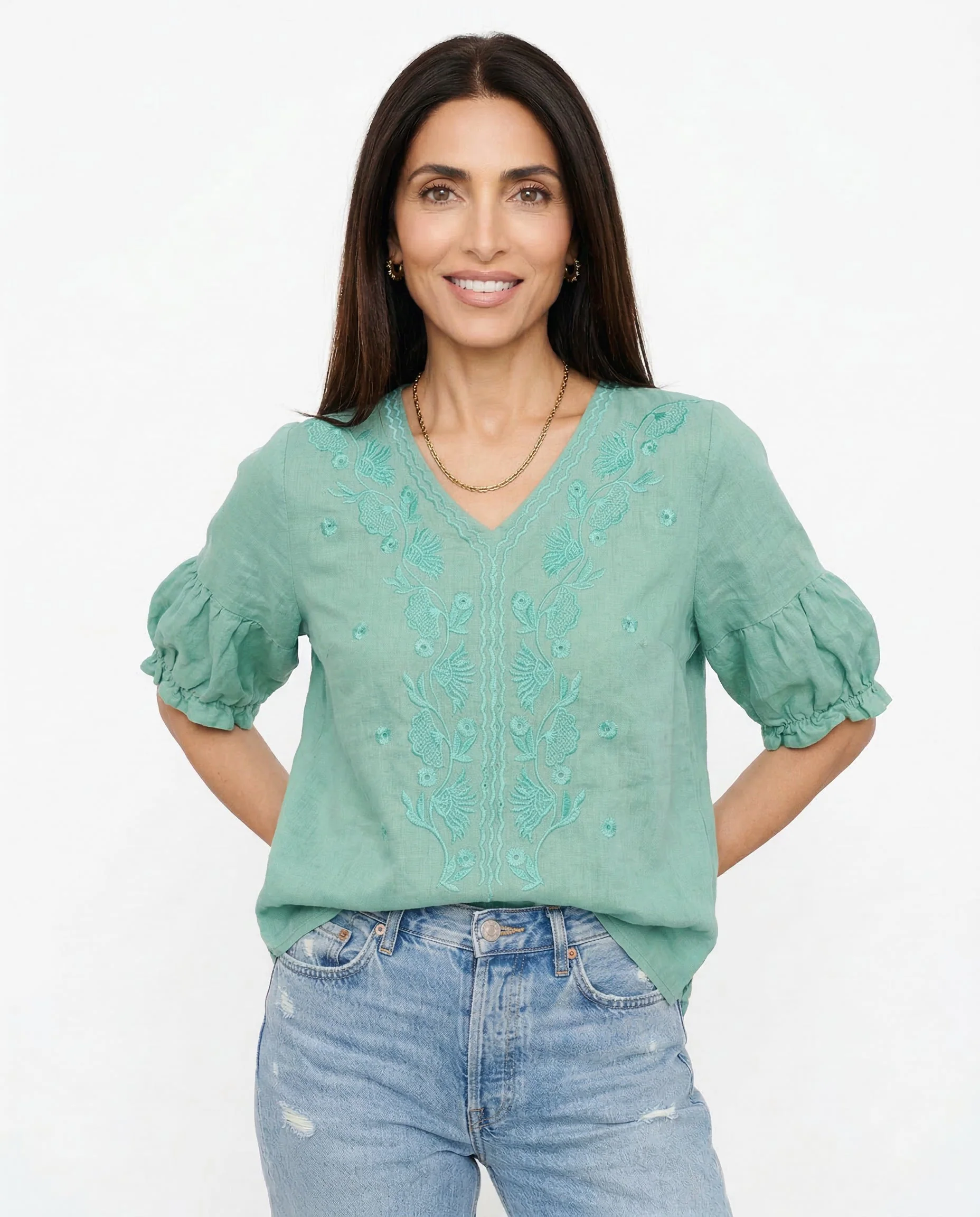 Isla Embroidered Relaxed Fit Blouse | V-Neck Gathered Sleeves Blouse - Image 2