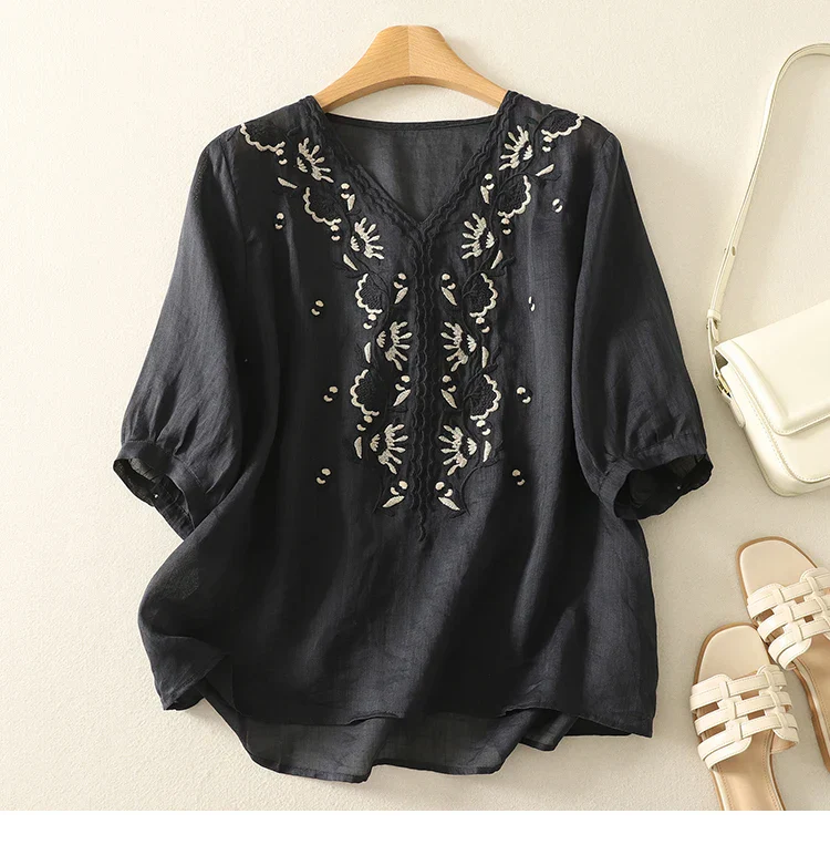 Isla Embroidered Relaxed Fit Blouse | V-Neck Gathered Sleeves Blouse - Image 4