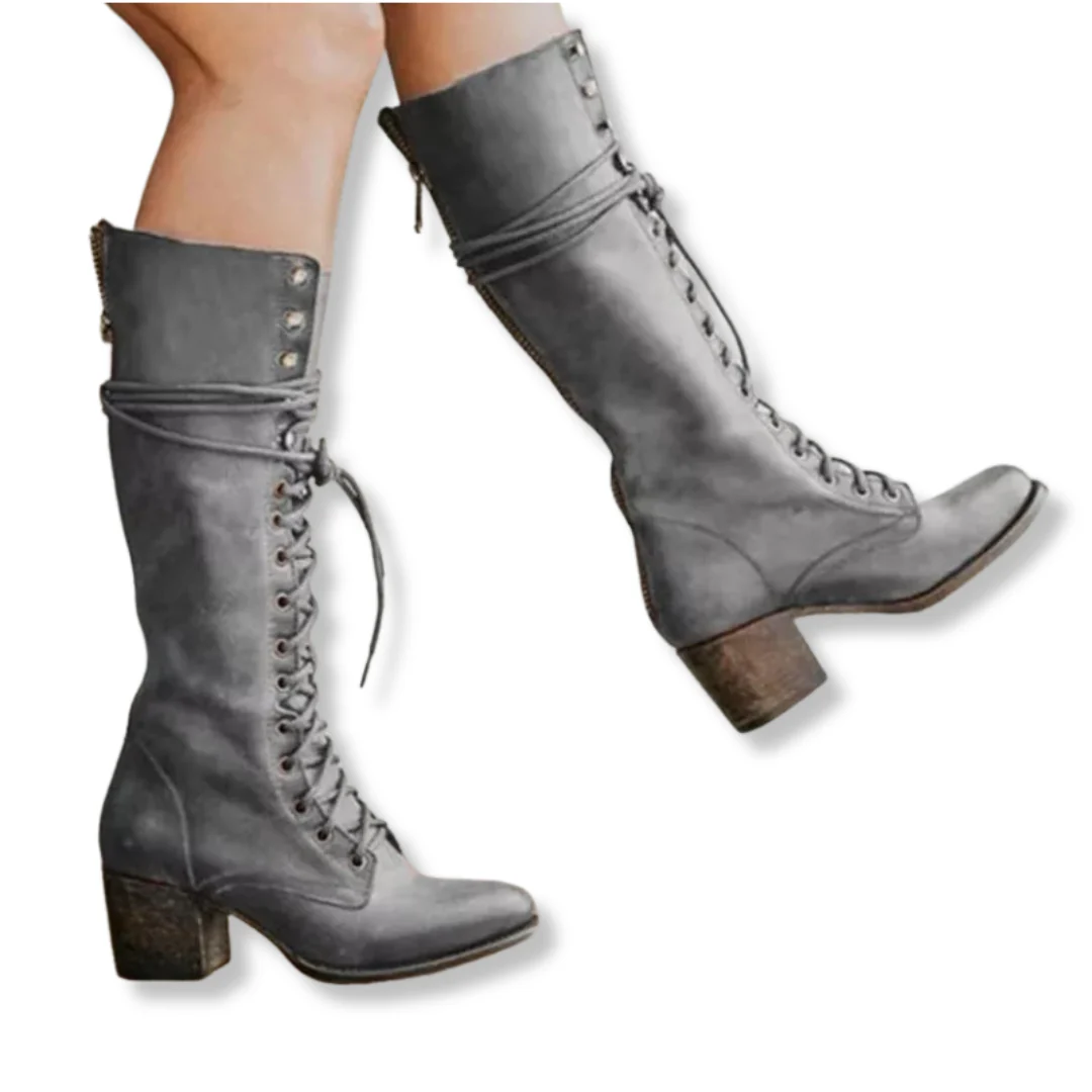 Isla Lace-Up Knee Boots | Block Heel Fold-Over Cuff Boots - Image 2