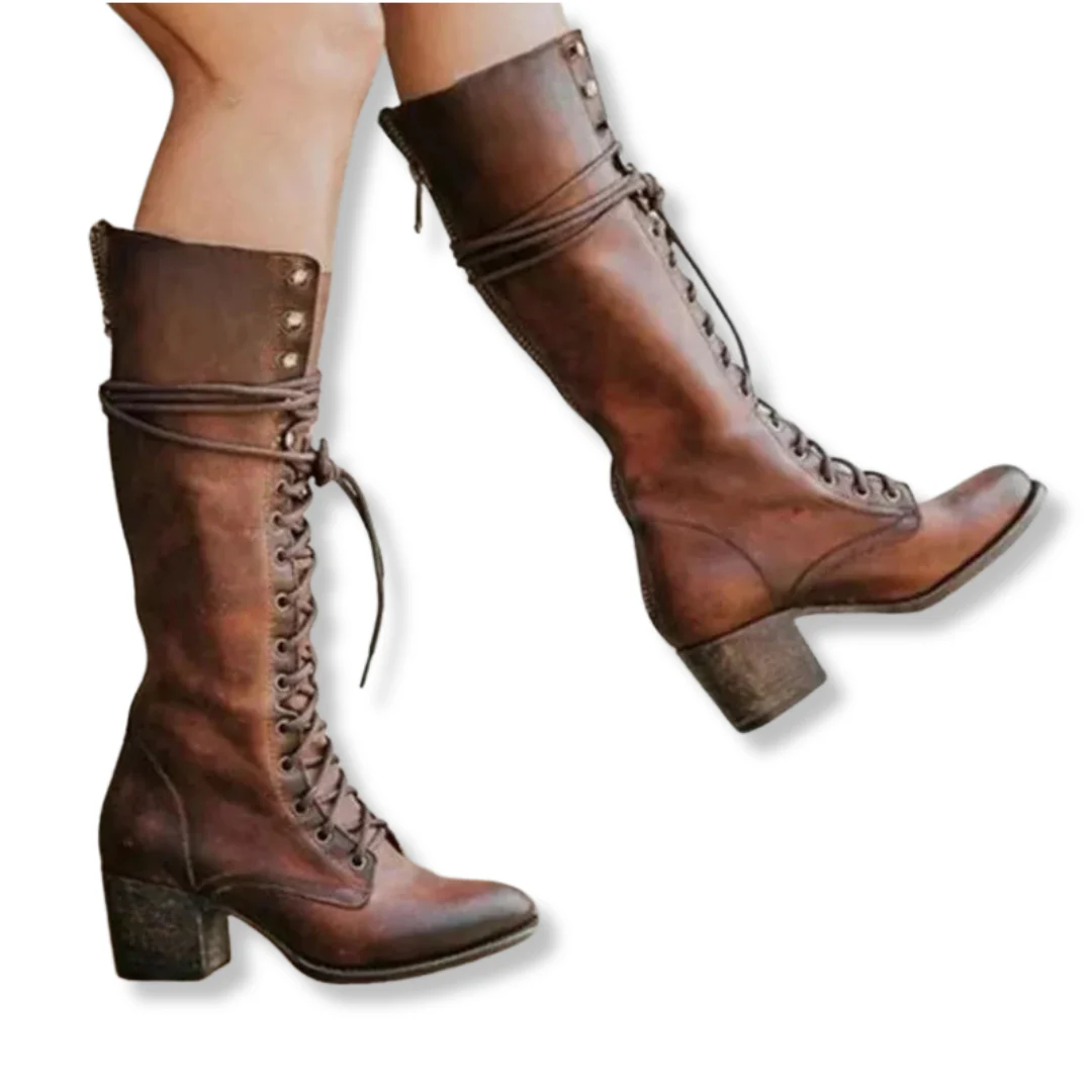 Isla Lace-Up Knee Boots | Block Heel Fold-Over Cuff Boots - Image 3