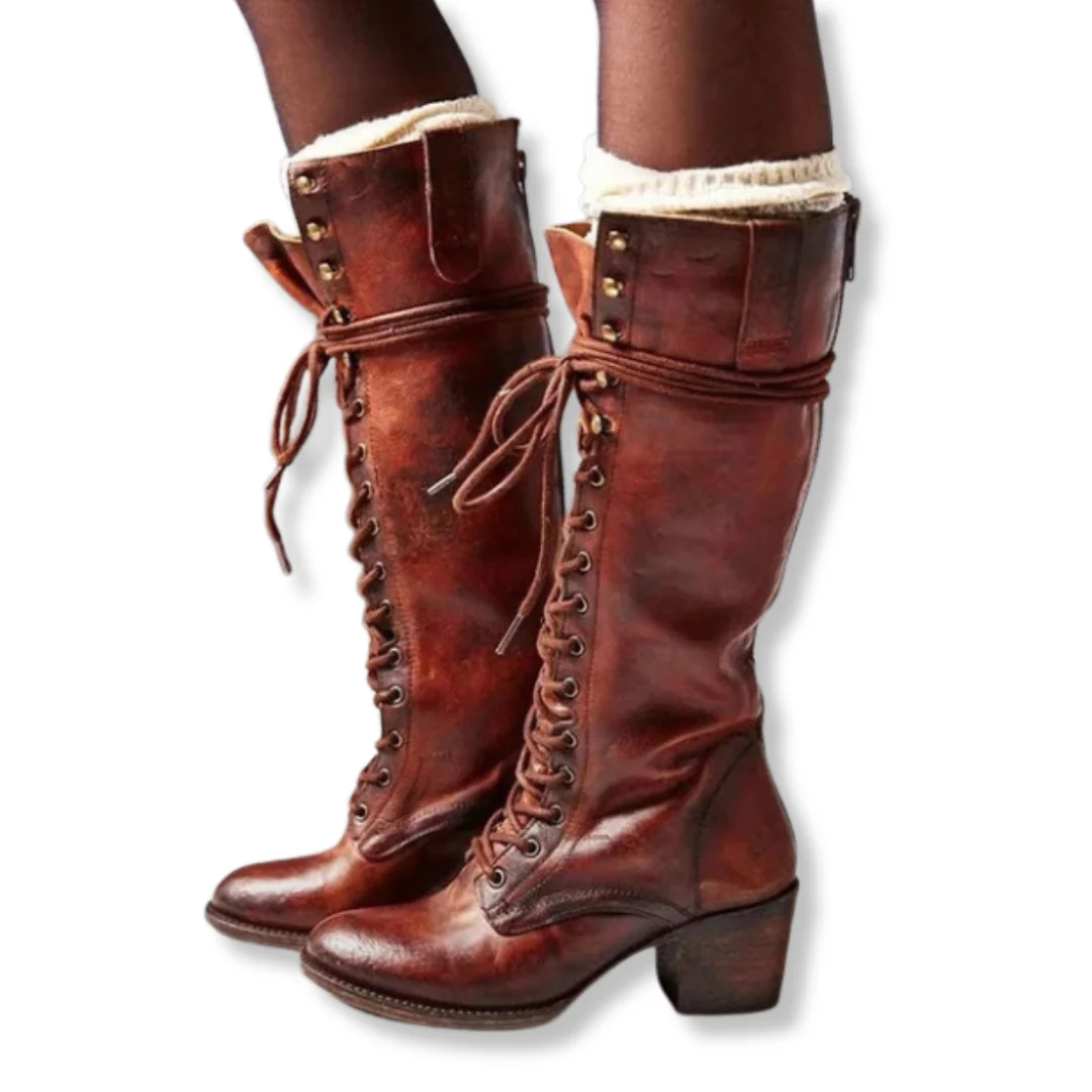 Isla Lace-Up Knee Boots | Block Heel Fold-Over Cuff Boots - Image 4