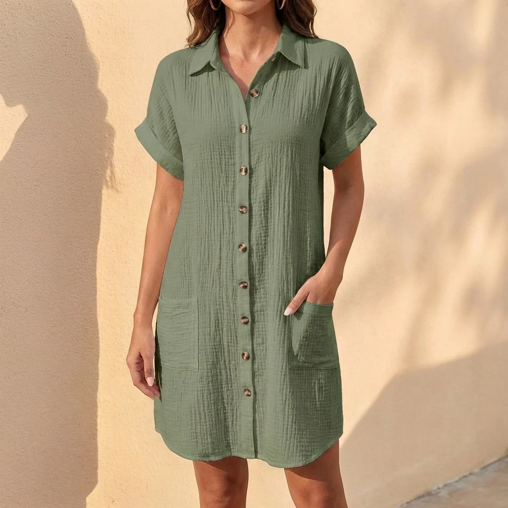 Isla Linen Relaxed Fit Shirt Dress | Collared Button Front Dress