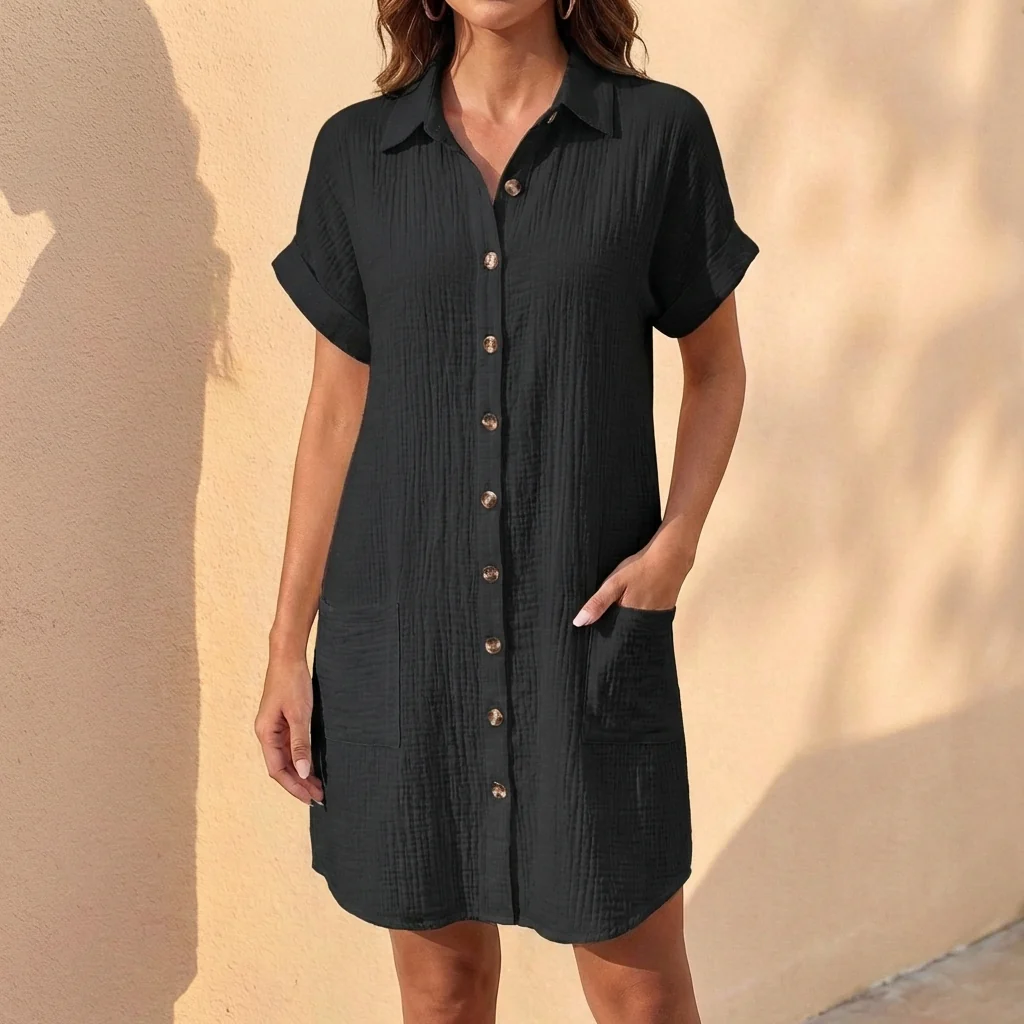 Isla Linen Relaxed Fit Shirt Dress | Collared Button Front Dress - Image 4