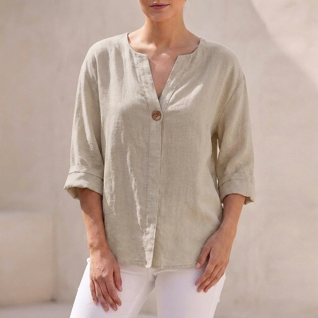 Isla Loose Fit Button-Up Top | V-Neck 3/4 Sleeve Button-Up Top - Image 3
