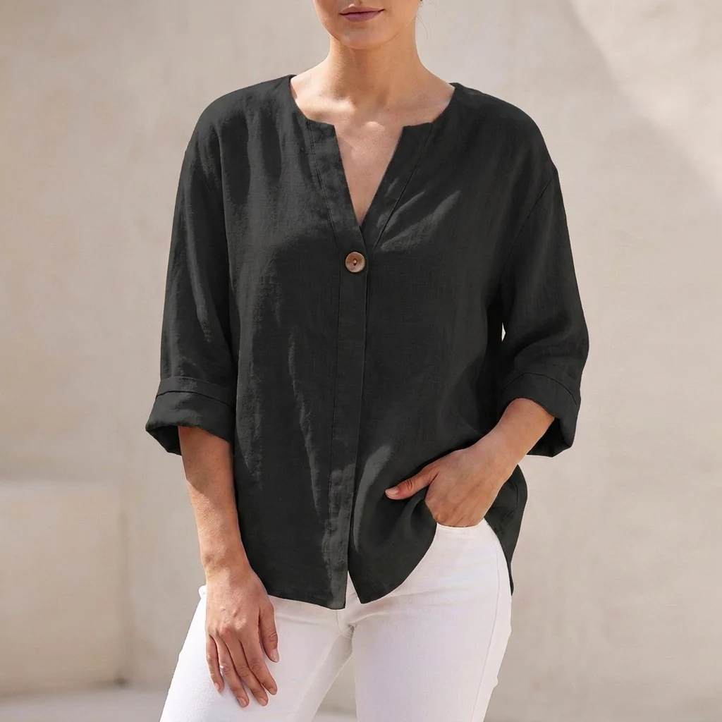 Isla Loose Fit Button-Up Top | V-Neck 3/4 Sleeve Button-Up Top - Image 4