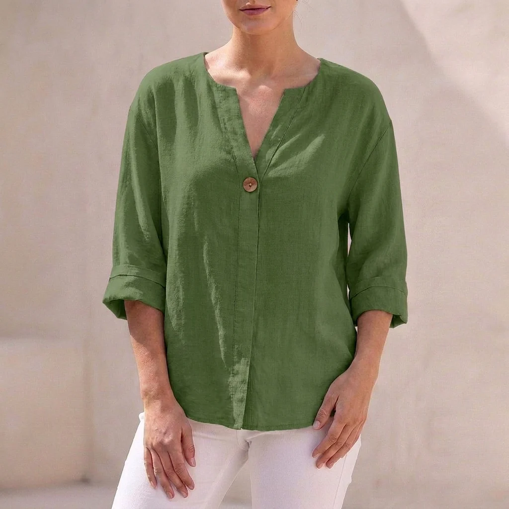 Isla Loose Fit Button-Up Top | V-Neck 3/4 Sleeve Button-Up Top - Image 5