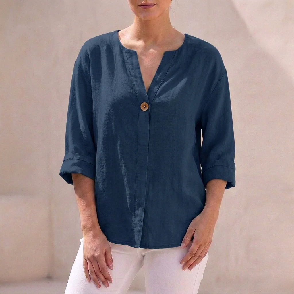 Isla Loose Fit Button-Up Top | V-Neck 3/4 Sleeve Button-Up Top - Image 6