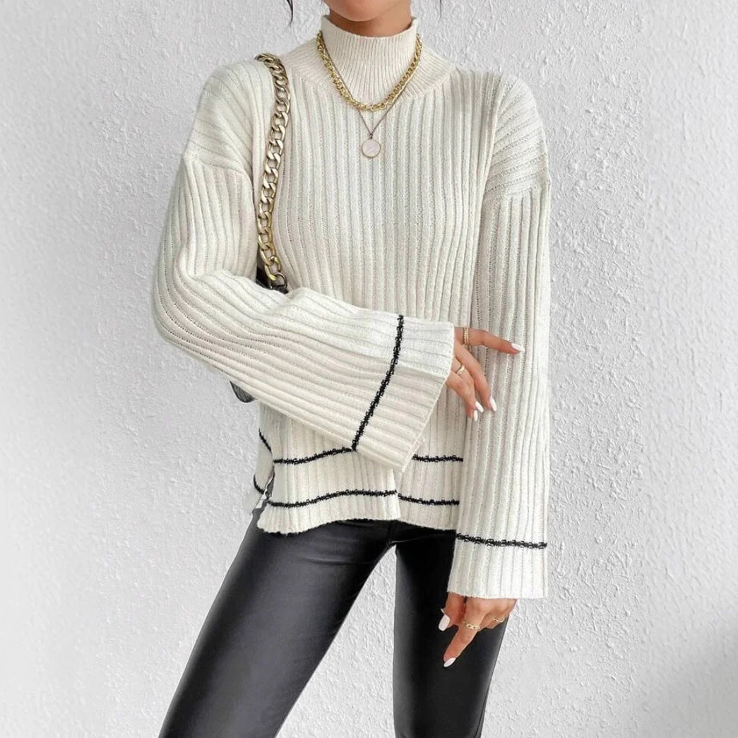 Isla Loose Fit Sweater | Ribbed Side Slits Bell Sleeve Sweater - Image 2