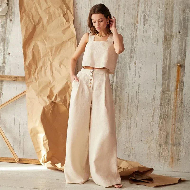 Isla Pleated Wide-Leg Pants | Button Front Pockets Pants - Image 2