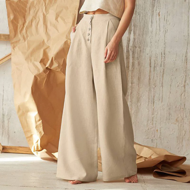 Isla Pleated Wide-Leg Pants | Button Front Pockets Pants - Image 3
