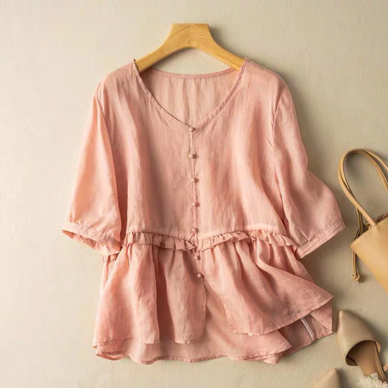 Isla Relaxed Fit Blouse | Button Front Ruffled Blouse - Image 2