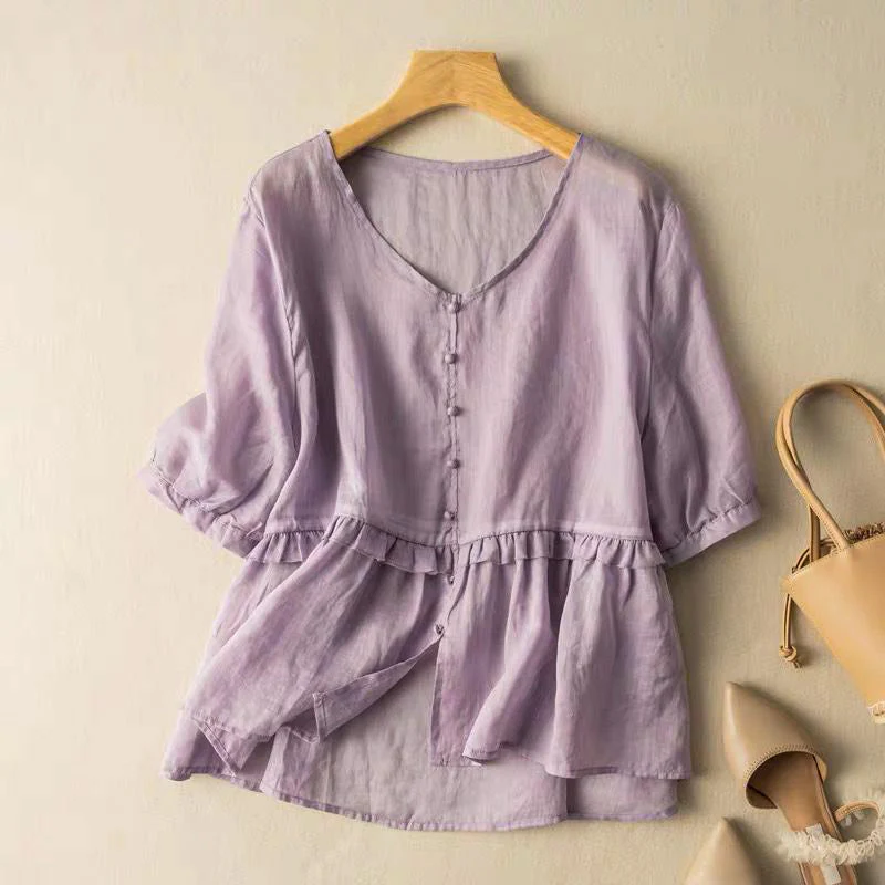 Isla Relaxed Fit Blouse | Button Front Ruffled Blouse - Image 3