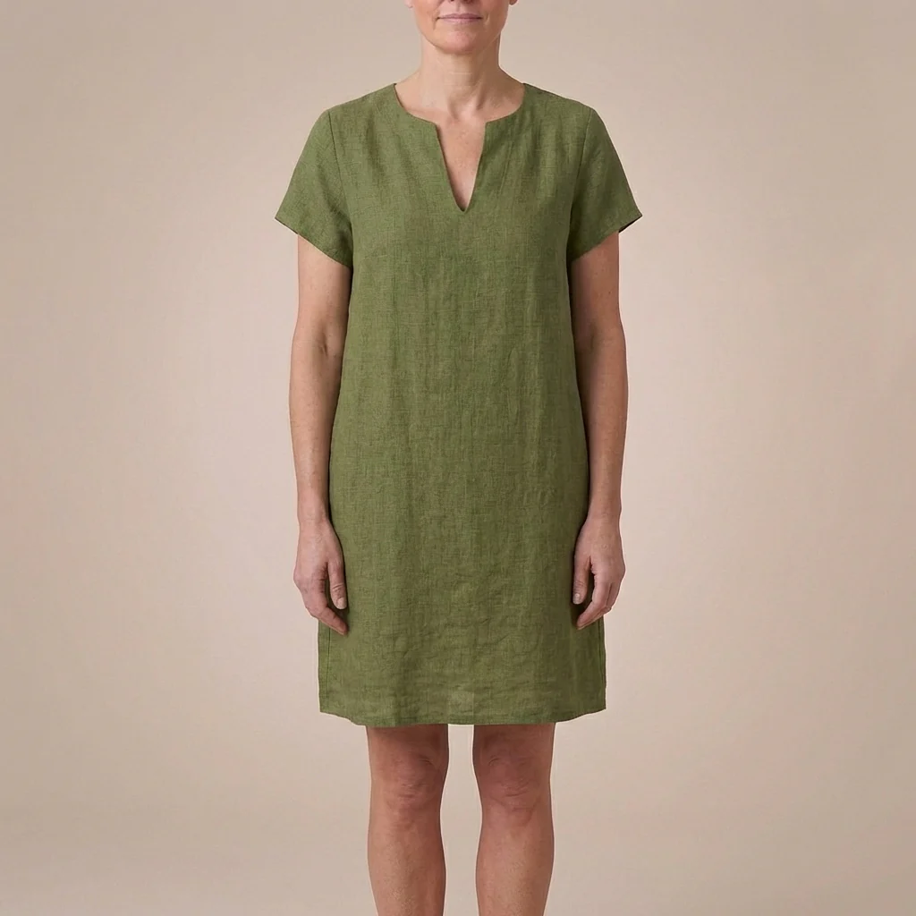 Isla Relaxed Fit Dress | V-Neck Split Neck Knee-Length Dress