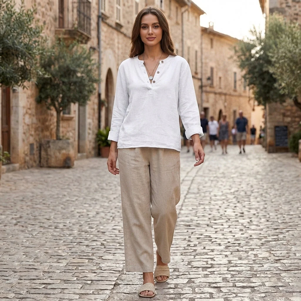 Isla Relaxed Fit Henley Shirt | Solid Button Placket Henley Shirt - Image 2