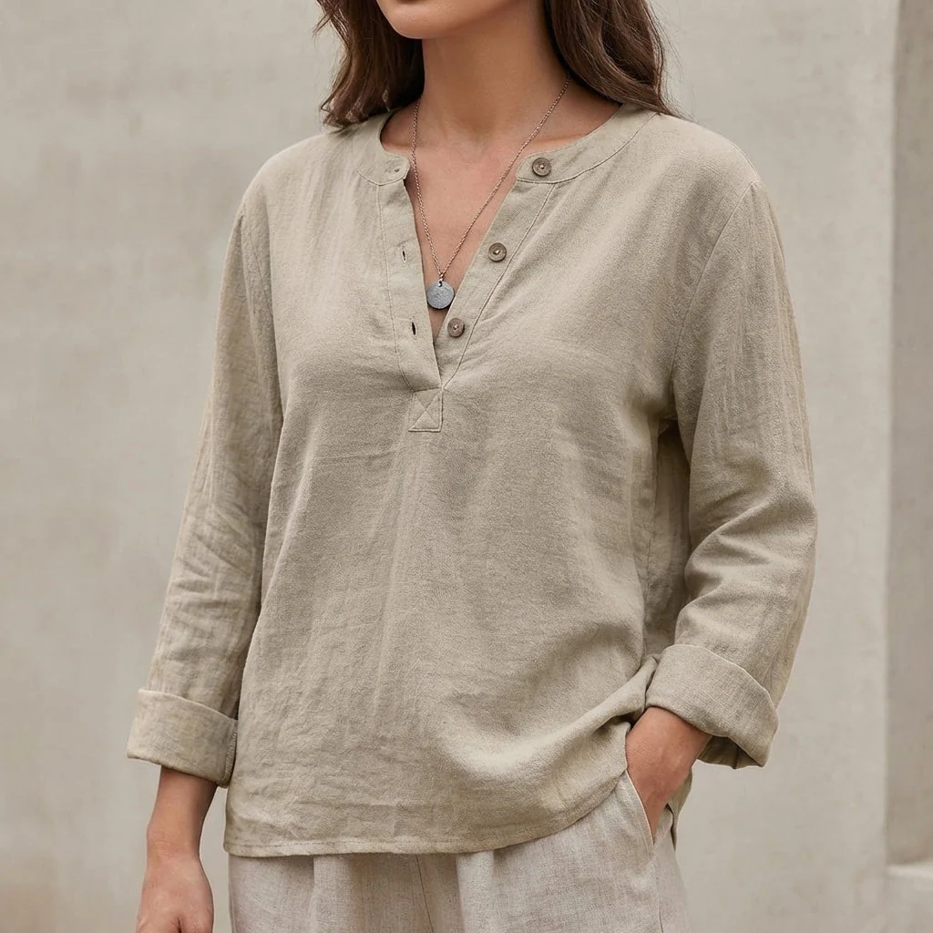 Isla Relaxed Fit Henley Shirt | Solid Button Placket Henley Shirt - Image 3