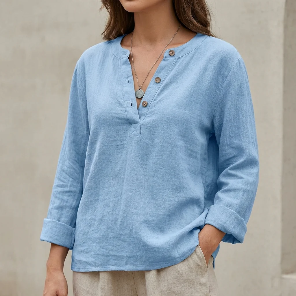 Isla Relaxed Fit Henley Shirt | Solid Button Placket Henley Shirt - Image 4