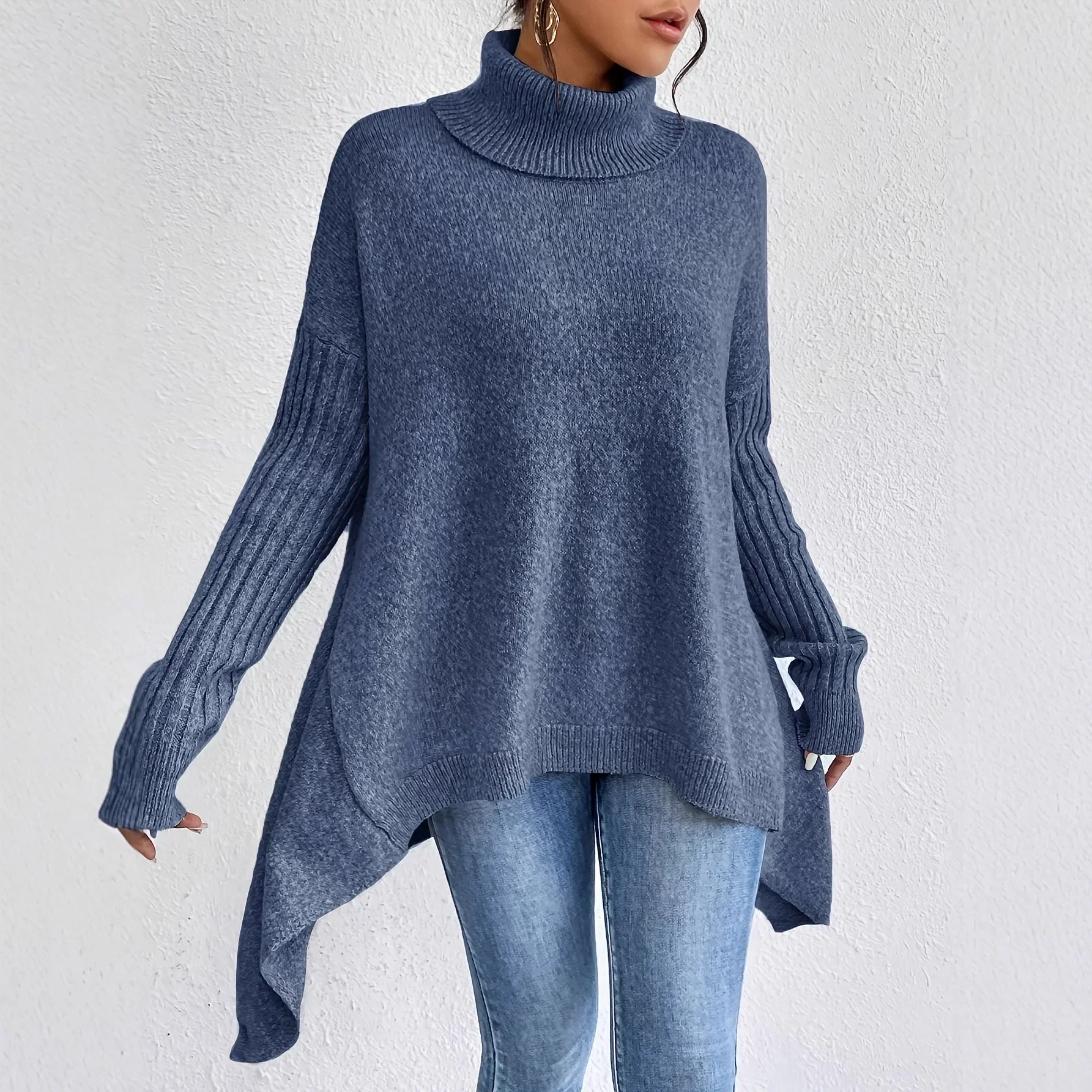 Isla Relaxed Fit Turtleneck Sweater | Ribbed Cuffs High-Low Hem Sweater - Image 2