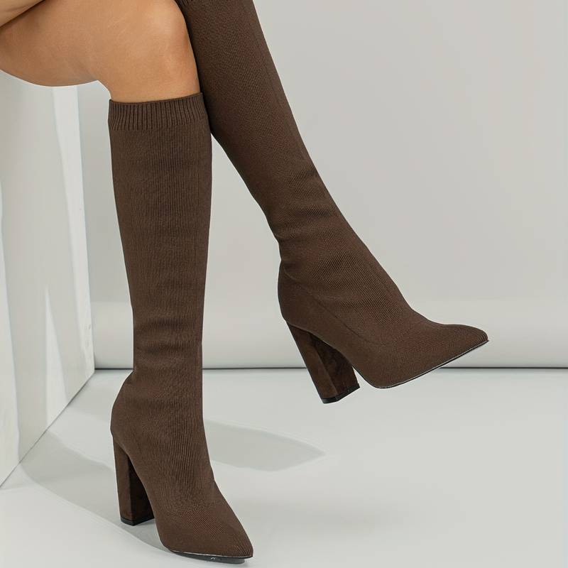 Isla Ribbed Knit Block Heel Sock Boots | Solid Knee-High Sock Boots - Image 9