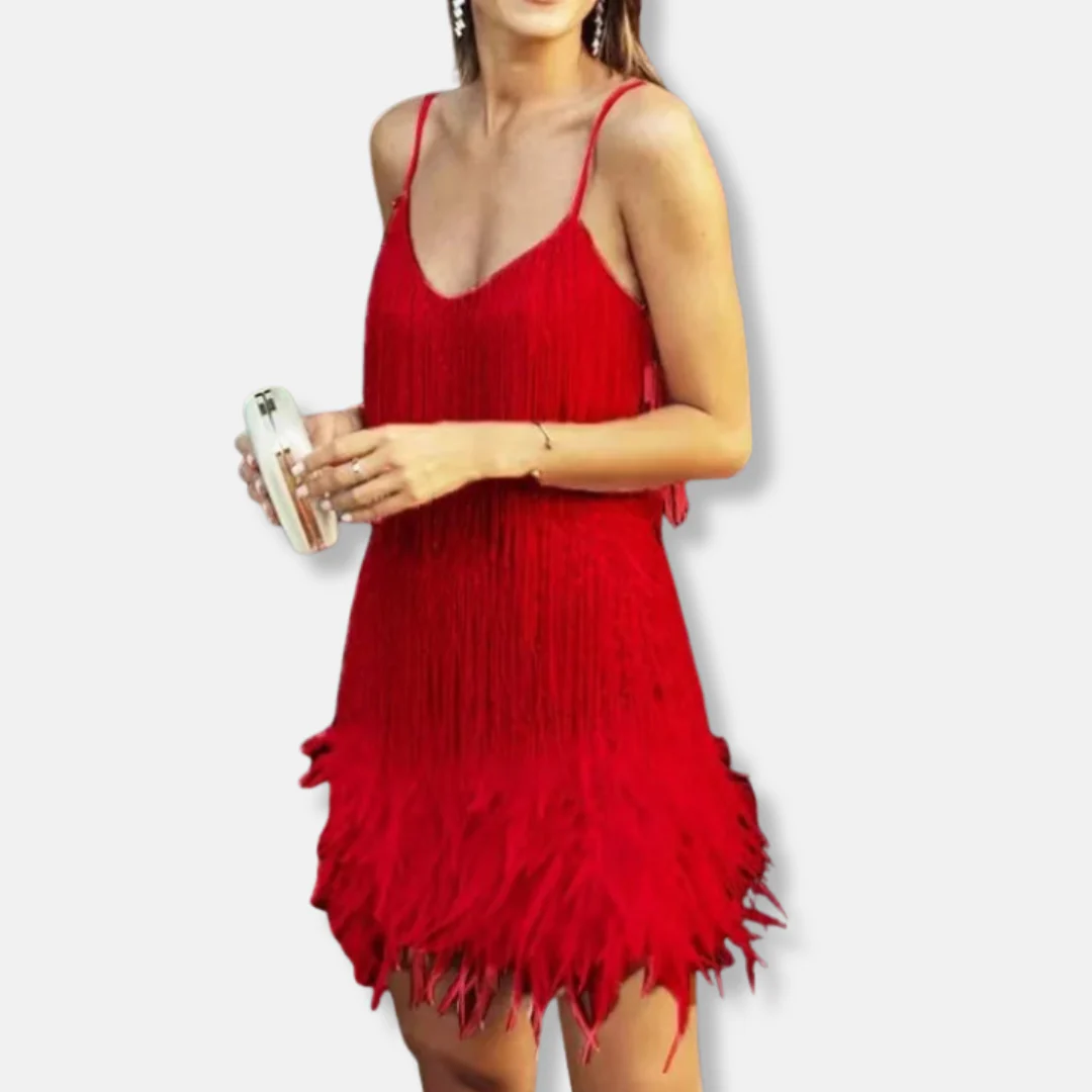 Isla Sequined Straight Fit Mini Dress | Feather Trim Fringe Mini Dress - Image 4