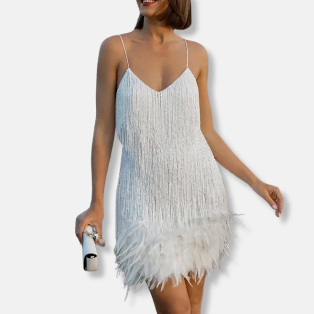 Isla Sequined Straight Fit Mini Dress | Feather Trim Fringe Mini Dress - Image 5