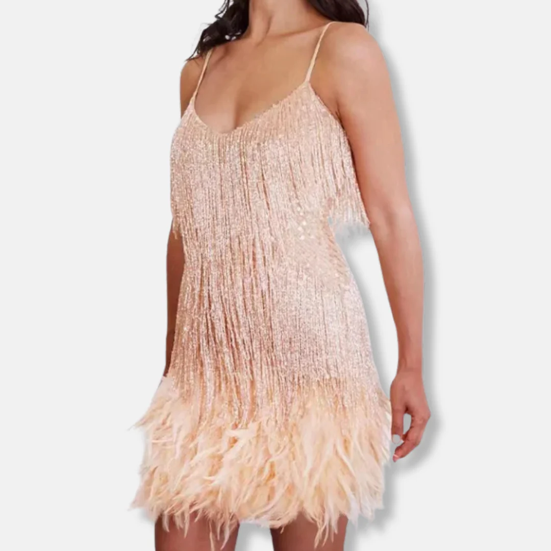 Isla Sequined Straight Fit Mini Dress | Feather Trim Fringe Mini Dress - Image 8