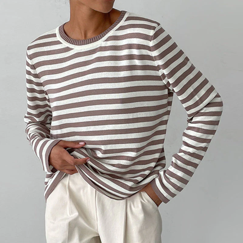 Isla Striped Crewneck Knit Sweater | Ribbed Trim Relaxed Fit Sweater - Image 4