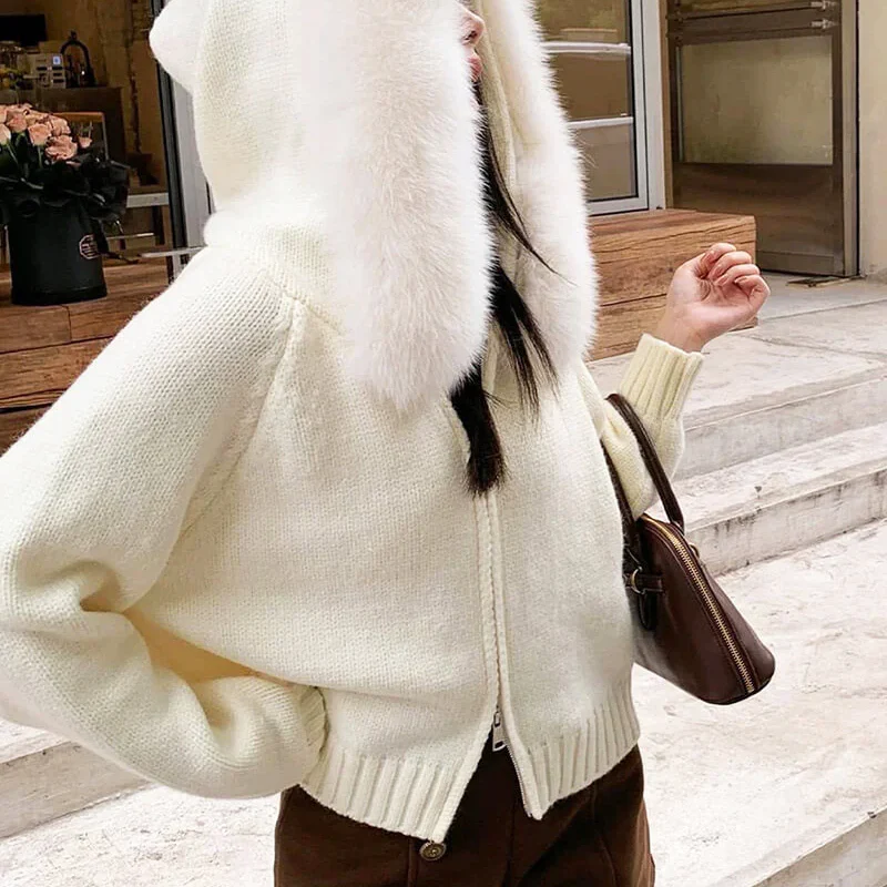 Isla Hooded Cardigan | Fur Trim Ribbed Zip Front Cardigan - Image 2