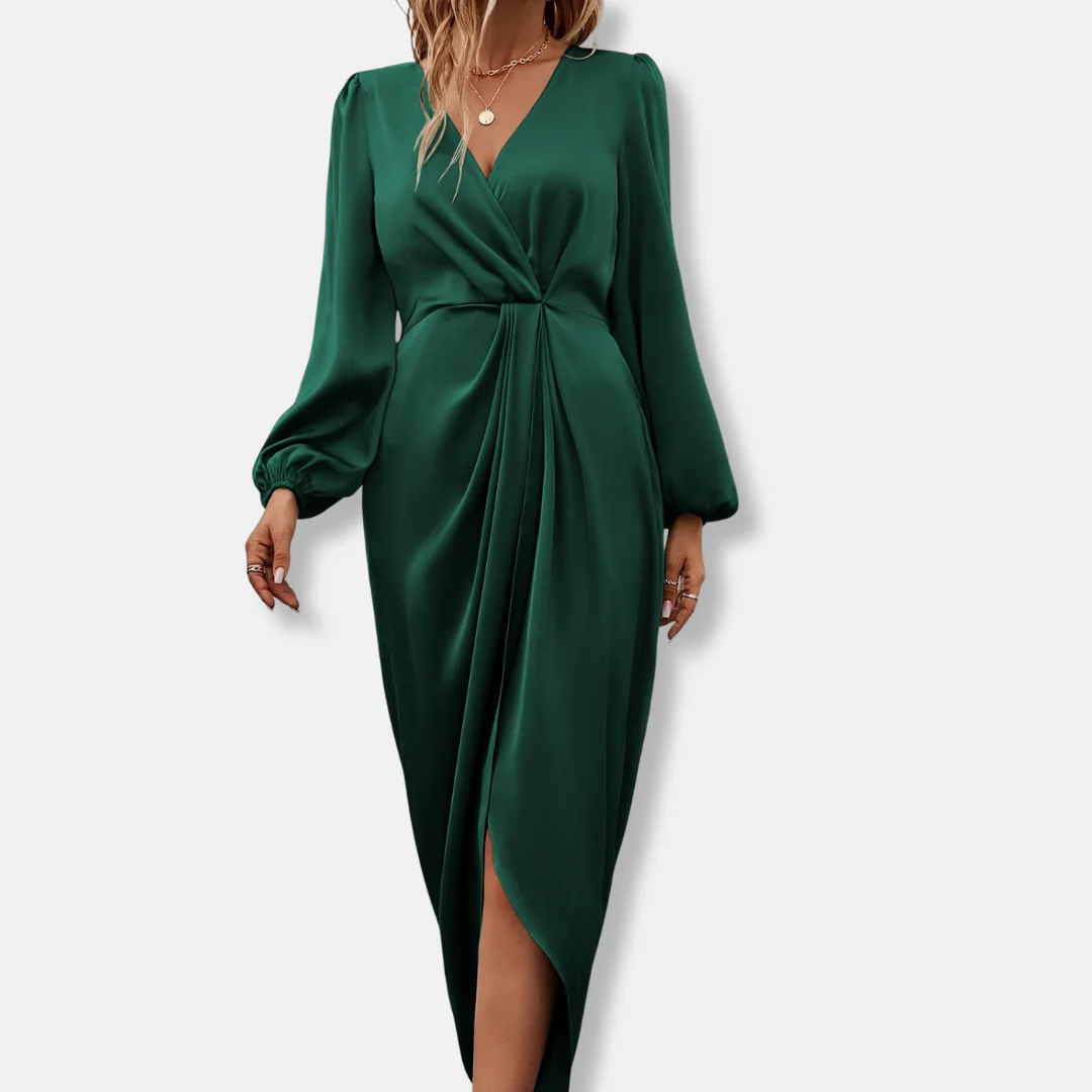 Isla Wrap Midi Dress | Surplice Neck Balloon Sleeve Dress - Image 2