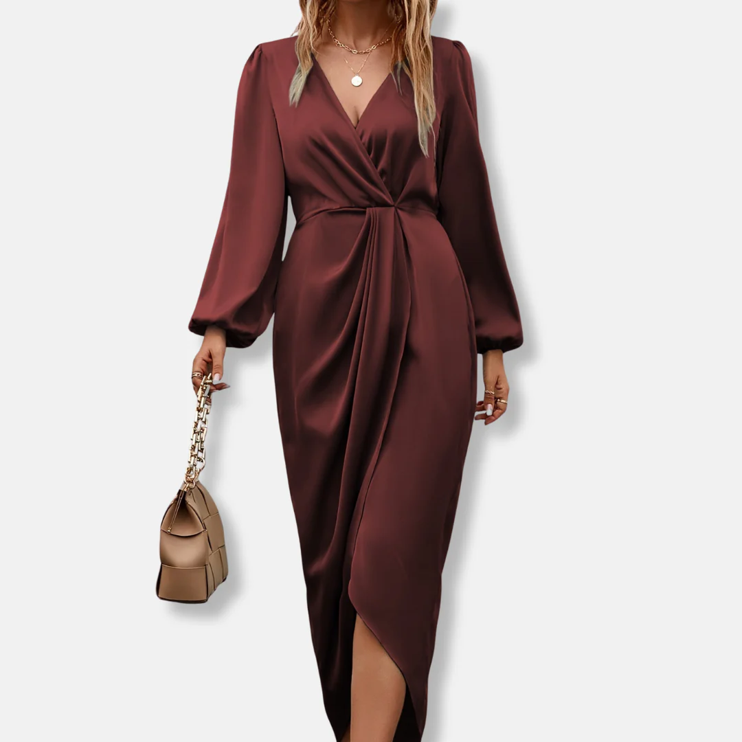 Isla Wrap Midi Dress | Surplice Neck Balloon Sleeve Dress - Image 3