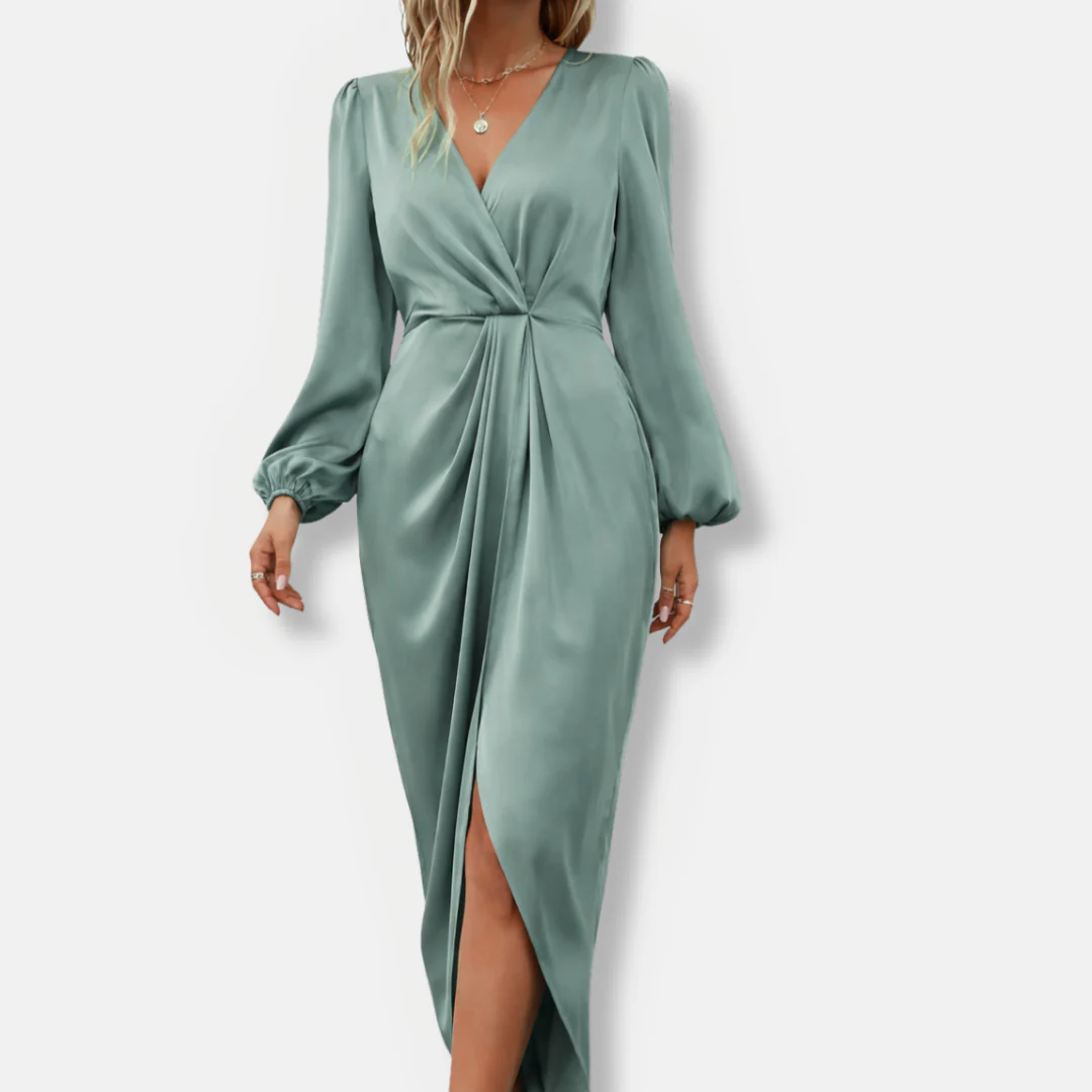 Isla Wrap Midi Dress | Surplice Neck Balloon Sleeve Dress - Image 4