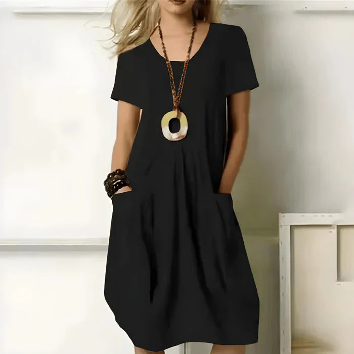 Jayani Dress | Short Sleeves Solid Color Dress with Pockets - Image 4