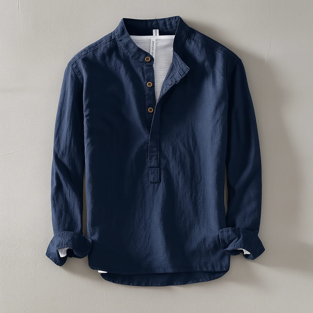 Joshua Relaxed Fit Henley Shirt | Band Collar Long Sleeve Shirt - Image 2