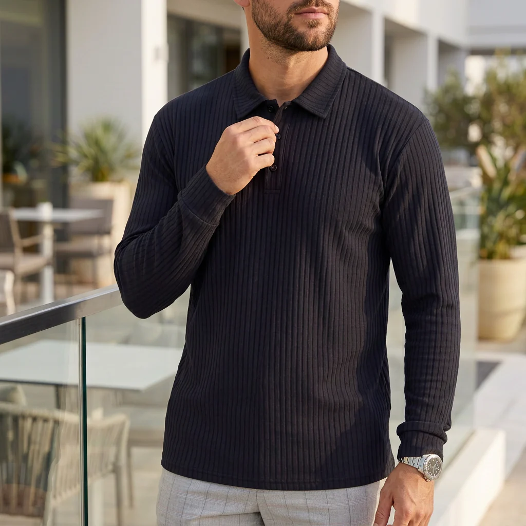 Joshua Ribbed Collared Long Sleeve Polo Shirt | Solid Regular Fit Polo Shirt