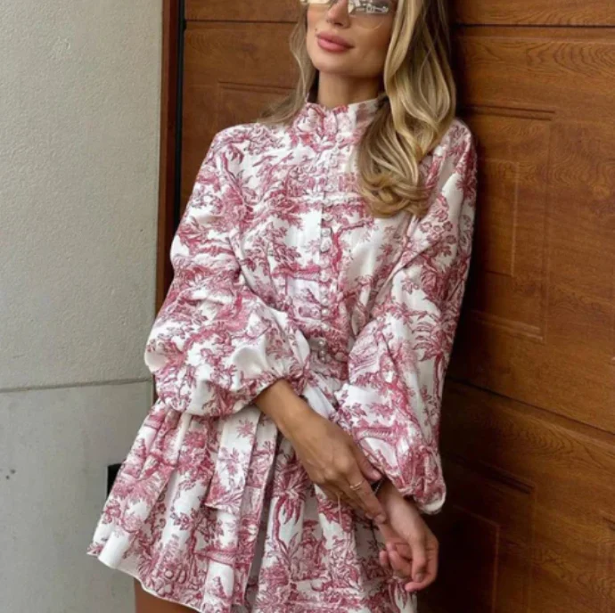 Kaelyn Dress | High Neck Puff Sleeves Fitted Waist A-line Skirt - Image 4