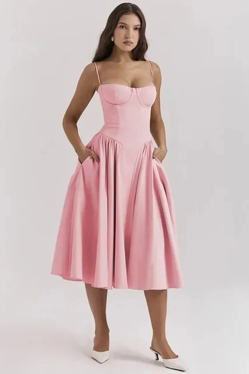 Kamilah Dress | Fitted Thin Strap Pleated Midi Dress - Image 9