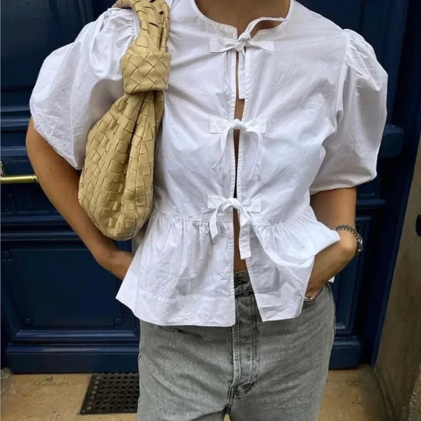 Karleen Blouse | Tie-Front Puff Sleeve Cotton Top - Image 3