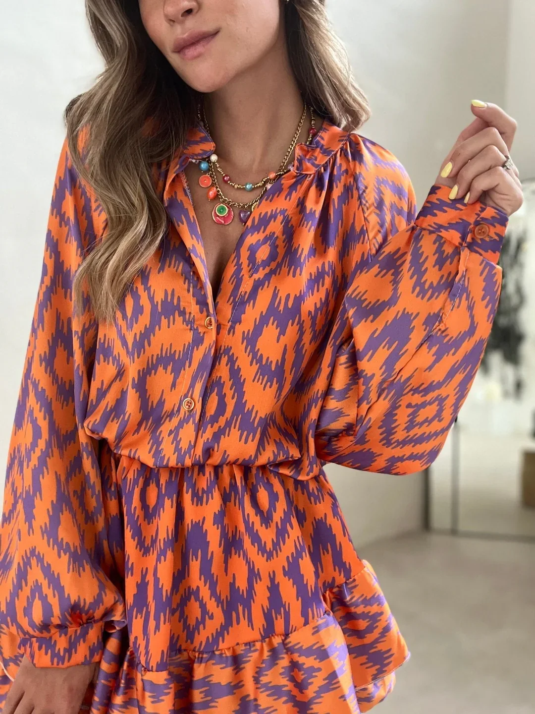 Kristina Dress | Women's Orange Aztec Romper Dress - Image 3