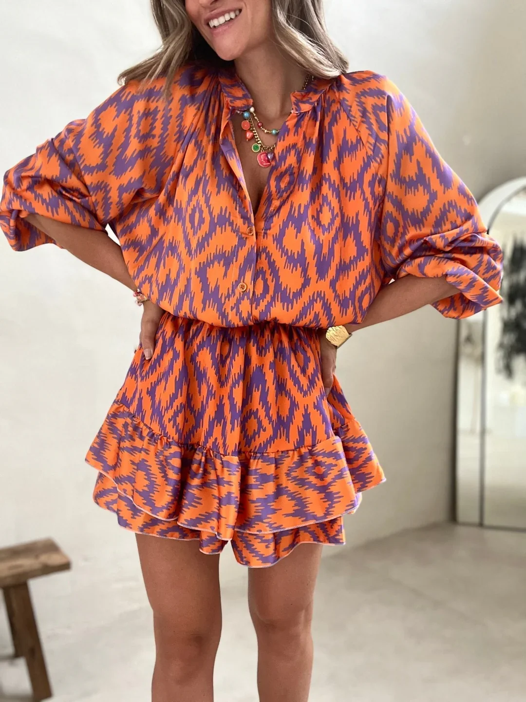 Kristina Dress | Women's Orange Aztec Romper Dress - Image 4