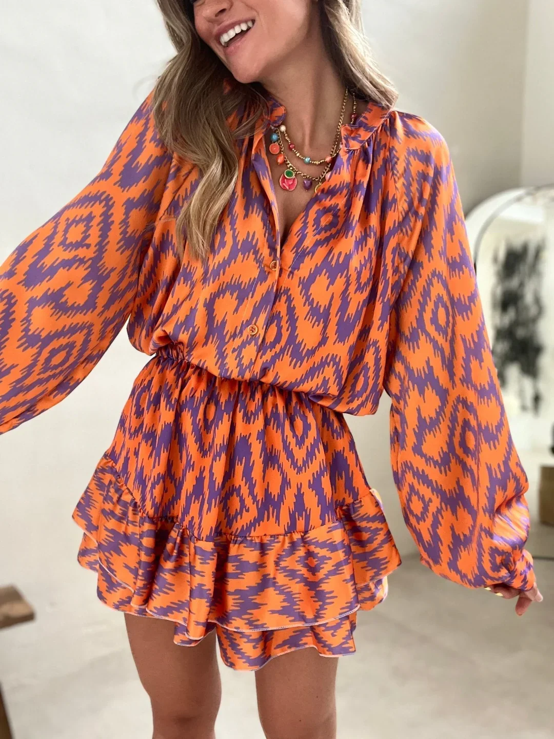 Kristina Dress | Women's Orange Aztec Romper Dress - Image 6