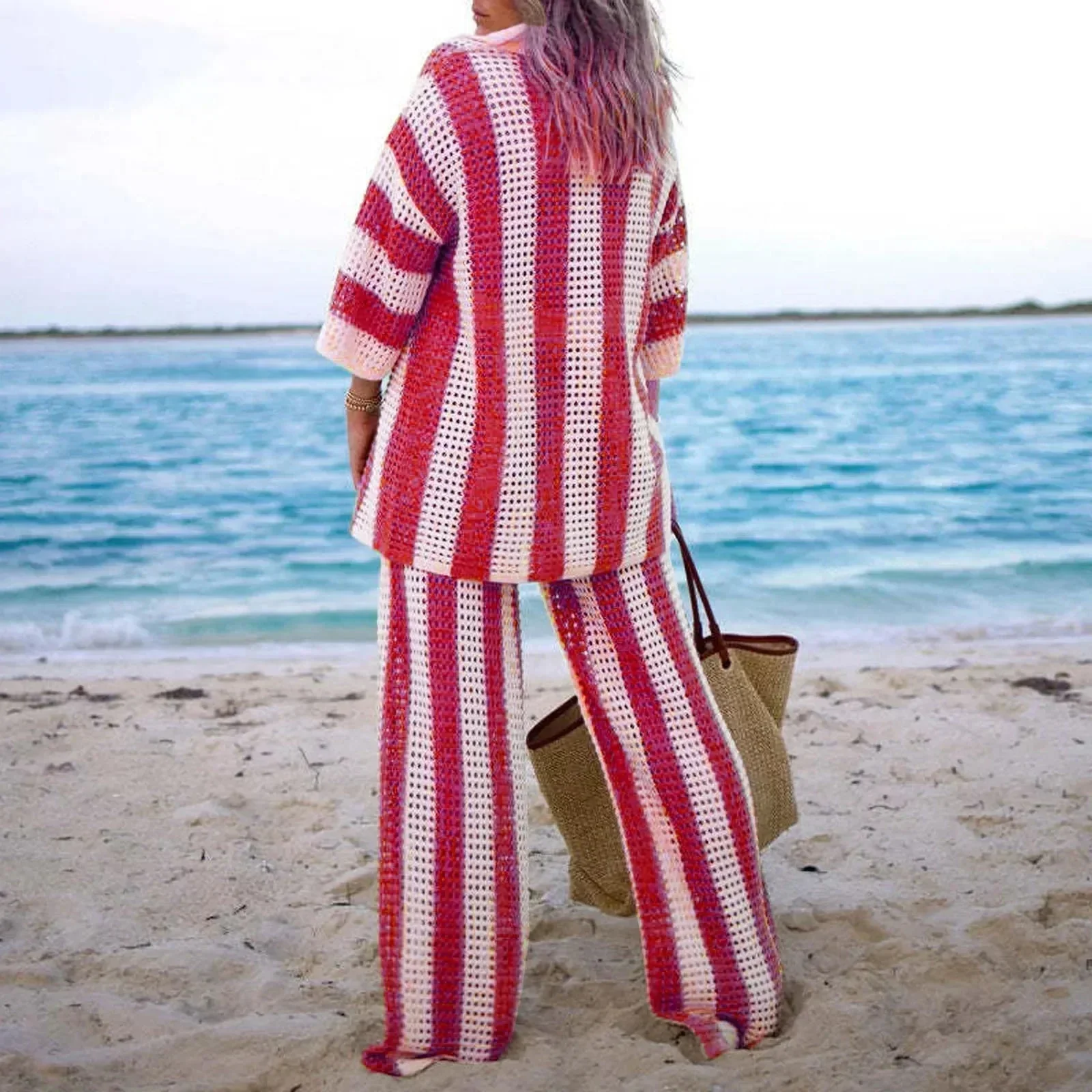 Lauryn Set | Casual Hollow Striped Knit Sweater and Pants Set - Image 4