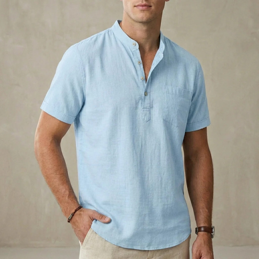 Leo Relaxed Fit Henley Shirt | Band Collar Chest Pocket Shirt - Image 2