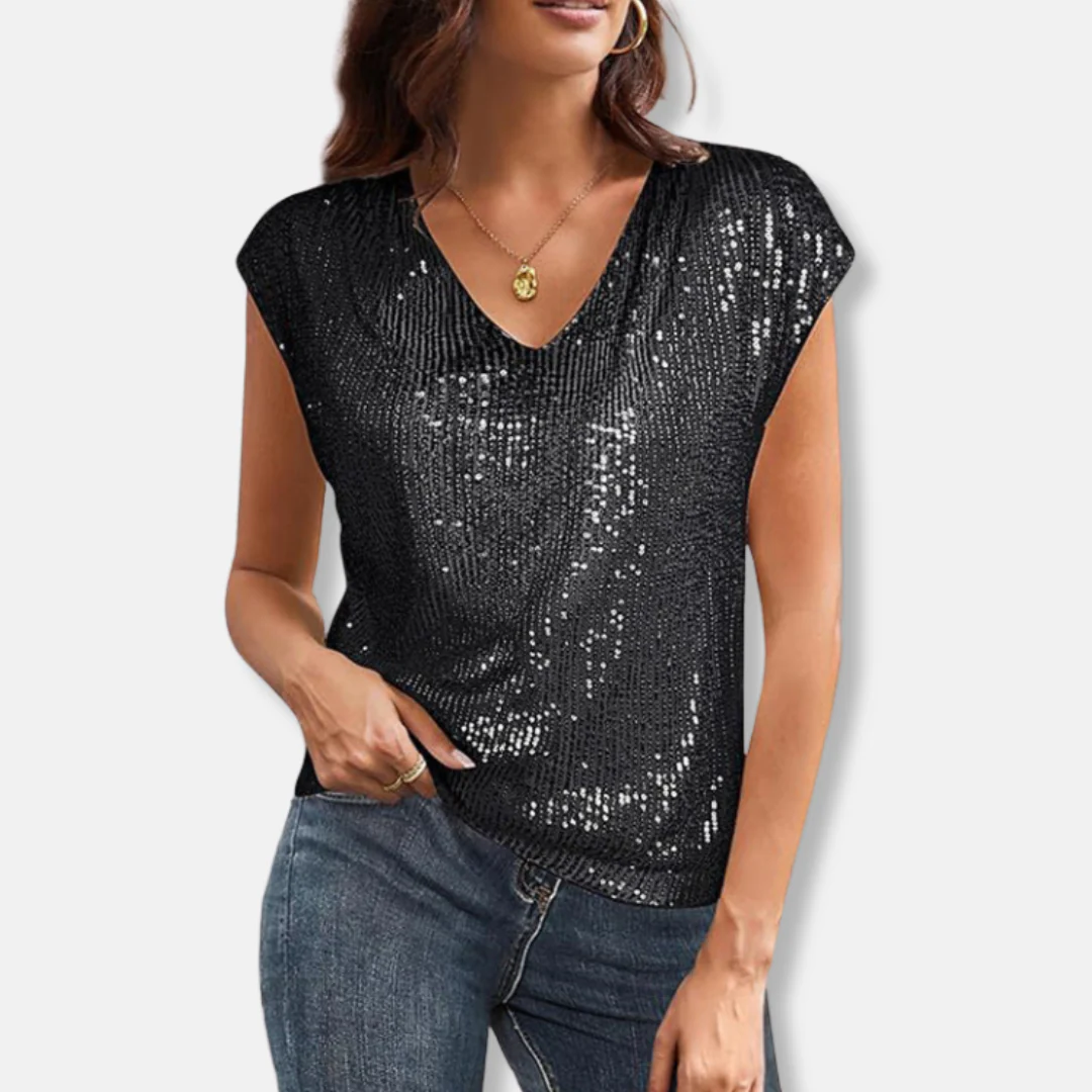 Lily Sequin V-Neck Top | Relaxed Fit Cap Sleeve Top - Image 2
