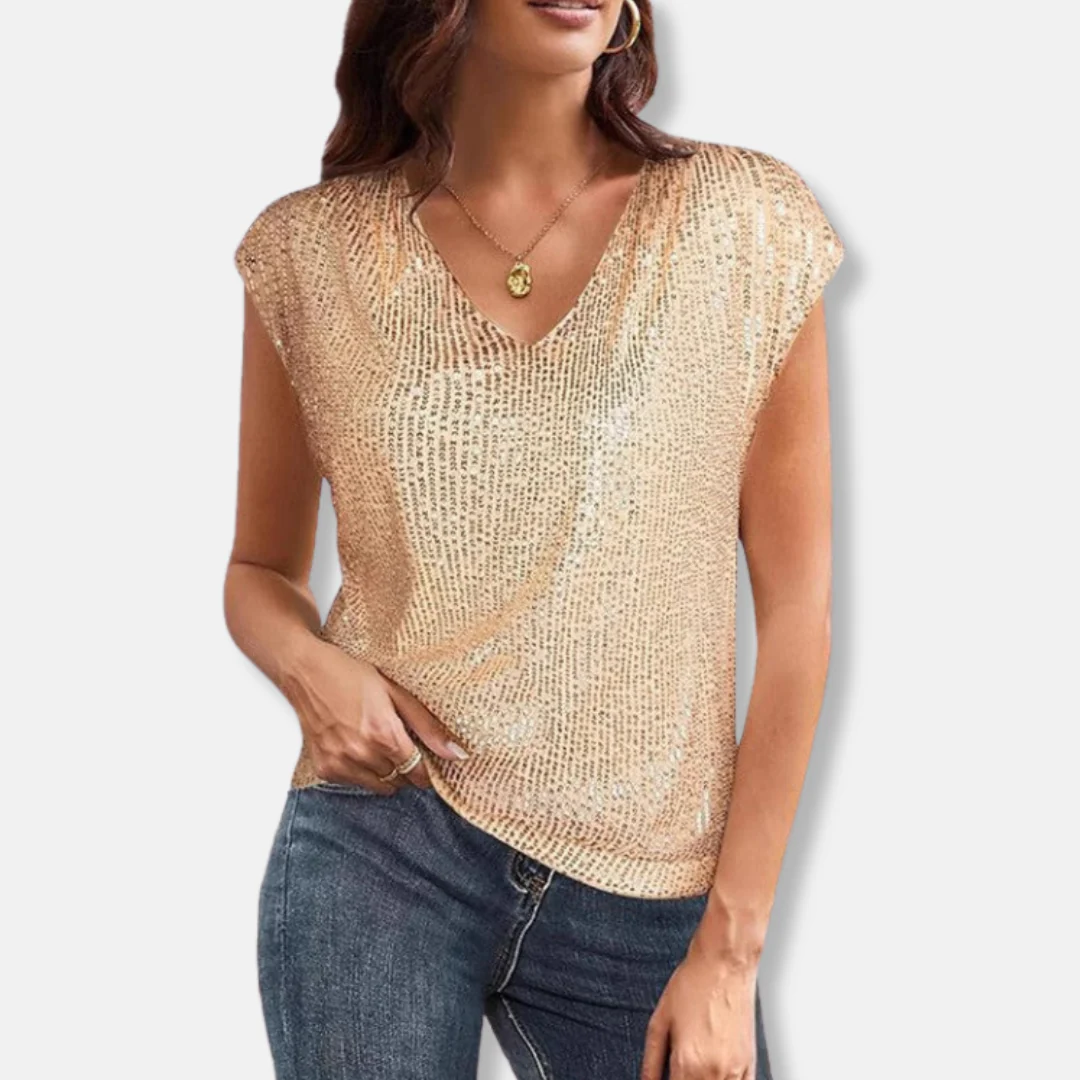 Lily Sequin V-Neck Top | Relaxed Fit Cap Sleeve Top - Image 3