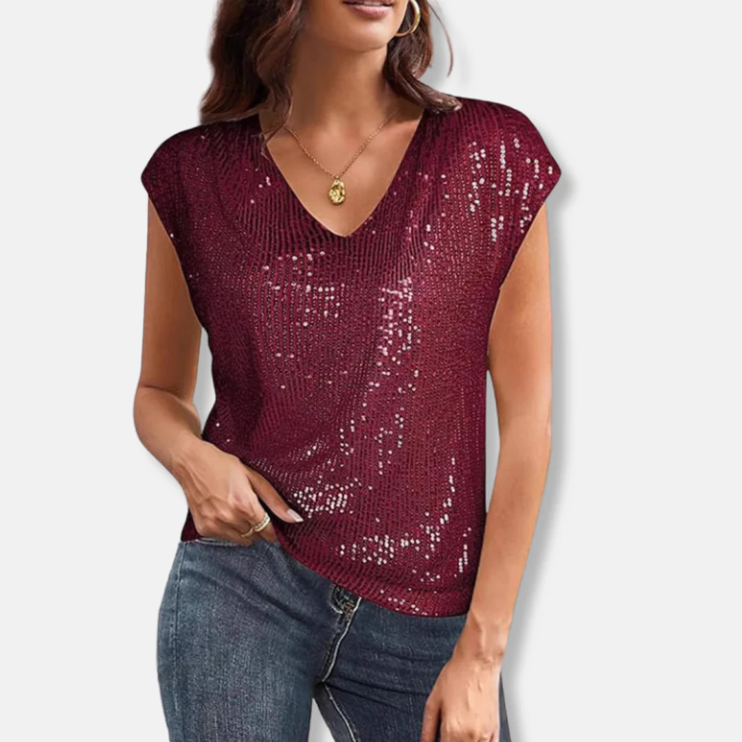 Lily Sequin V-Neck Top | Relaxed Fit Cap Sleeve Top - Image 4